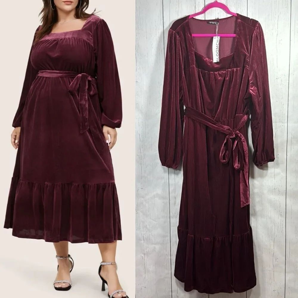 BloomChic Burgundy Velvet Midi Dress Romantic Holiday Party Glam Chic Whimsigoth